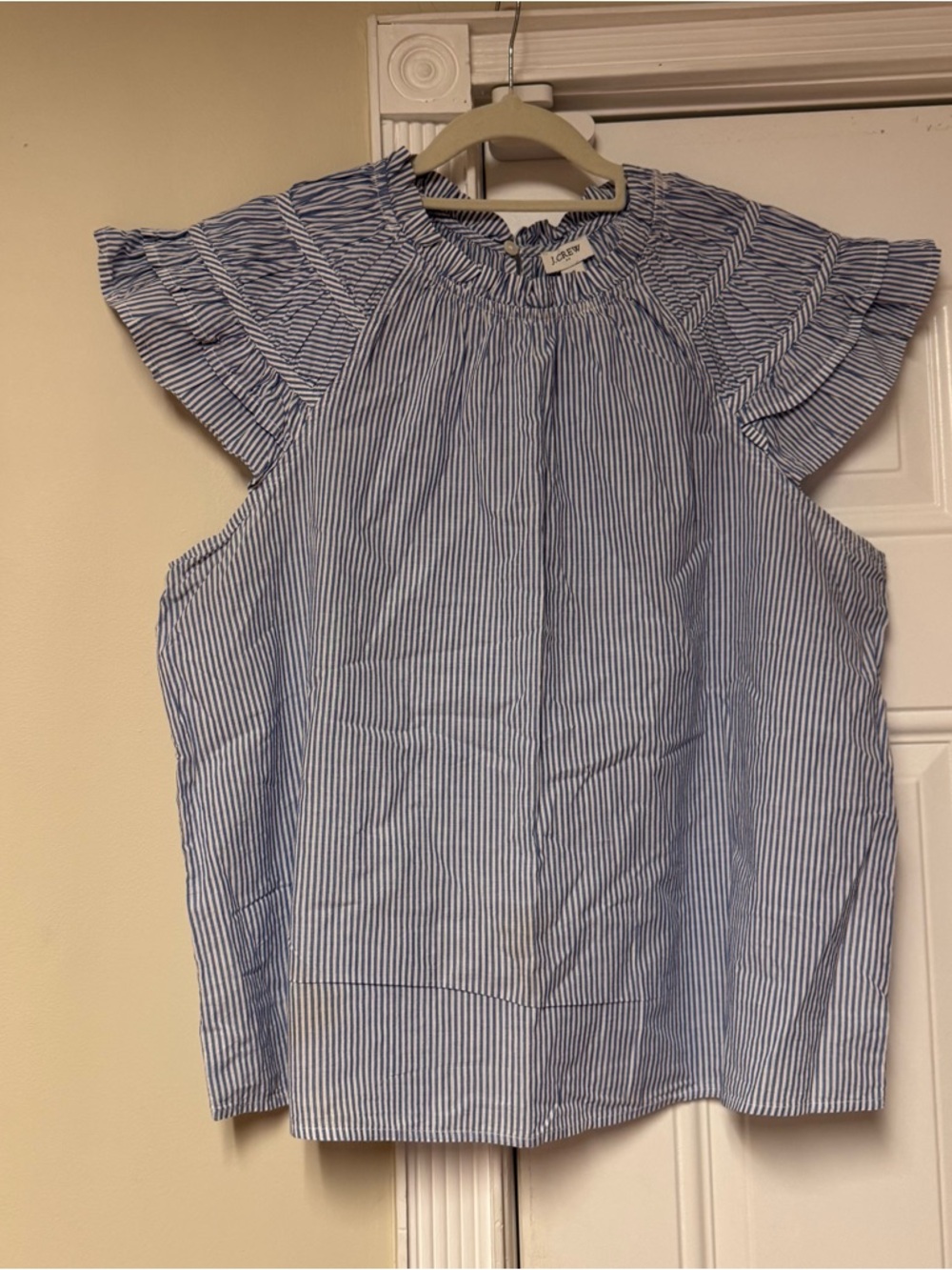 J. Crew Blue and White Striped Ruffle Sleeve Camisole